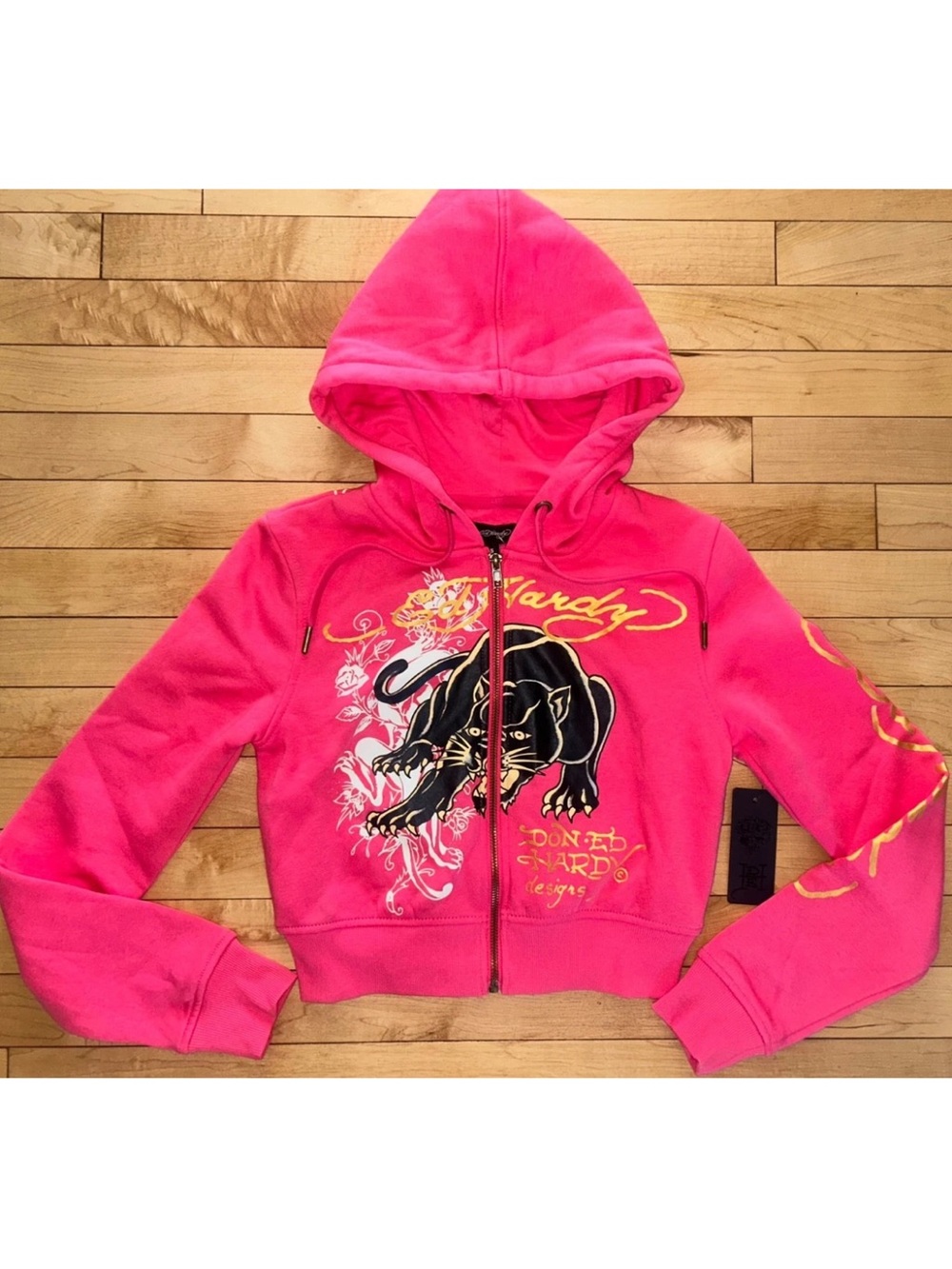 NEW! ED HARDY Panther Logo Hoodie Sweatshirt Pop Pink Size S